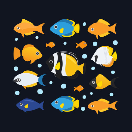 A vibrant school of colorful tropical fish swims playfully amidst gentle bubbles.のイラスト素材