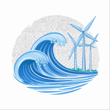 An emblem of a sustainable future, combining the immense power of ocean waves with clean wind turbine technology.のイラスト素材
