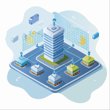 An isometric illustration showcasing a powerful central server hub, the heart of a modern data processing network.のイラスト素材