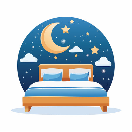 A cozy bed awaits, set against a magical night sky filled with a crescent moon, twinkling stars, and soft clouds.のイラスト素材