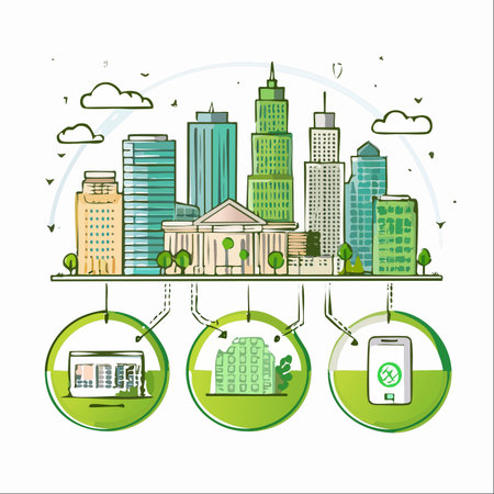 A conceptual illustration of a modern metropolis embracing a sustainable future.のイラスト素材