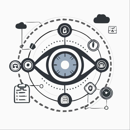 A central eye represents a comprehensive vision into a complex system, connecting various business and technology elements like data, security, communication, and planning.のイラスト素材