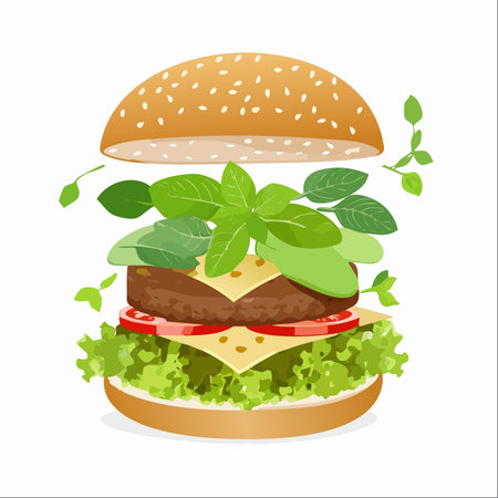 A vibrant illustration captures the moment of creation for a delicious veggie burger.のイラスト素材
