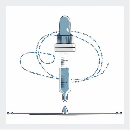 A moment of precision and discovery. A single, perfect drop is released from a calibrated pipette, symbolizing a crucial step in a scientific experiment, a cosmetic formulation, or a medical analysis.のイラスト素材