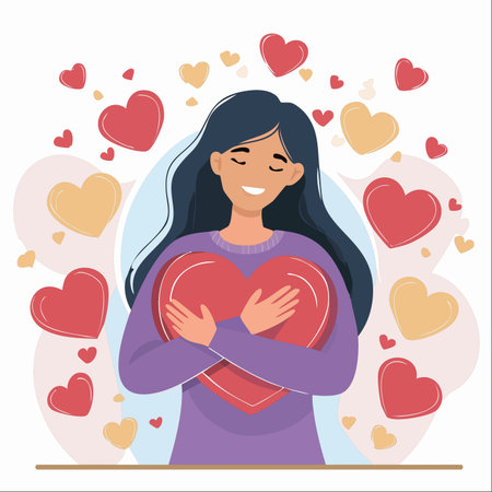 A serene young woman closes her eyes and smiles as she tenderly hugs a large red heart.のイラスト素材