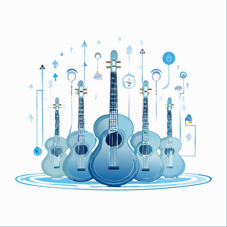 An ensemble of blue acoustic guitars stands ready, representing a symphony of ideas and harmonious collaboration.のイラスト素材