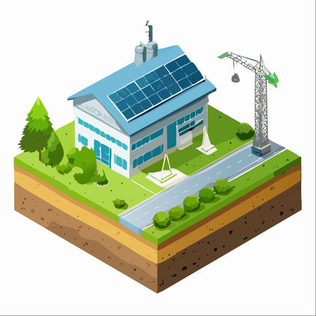 An isometric illustration of a modern factory under construction, featuring solar panels on the roof.のイラスト素材