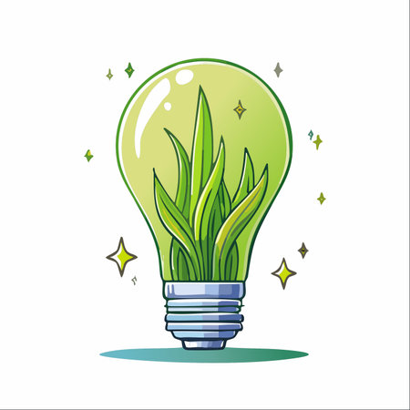 A vibrant green plant flourishes inside a glowing lightbulb, symbolizing a brilliant, sustainable idea coming to life.のイラスト素材