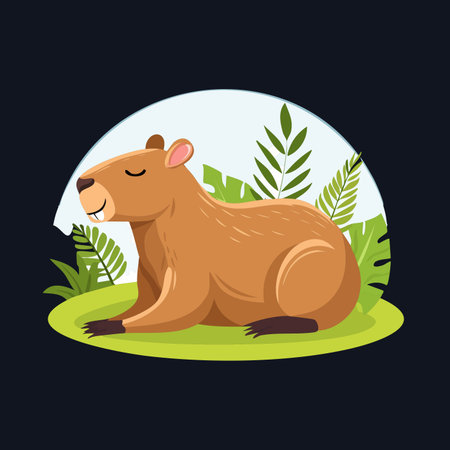 A content capybara enjoys a moment of peaceful rest on a lush green patch of grass.のイラスト素材