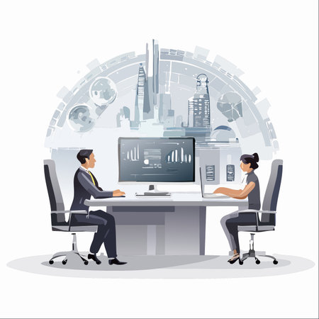 Two business professionals, a man and a woman, collaborate in a high-tech office.のイラスト素材