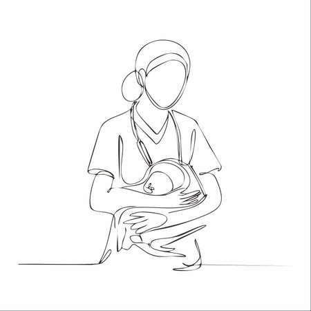 A single, continuous line elegantly forms the image of a doctor gently cradling a newborn baby.のイラスト素材