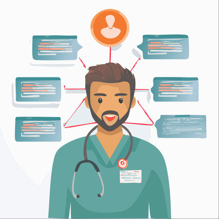 A modern physician uses a digital interface to access and manage a patient's complete health profile.のイラスト素材