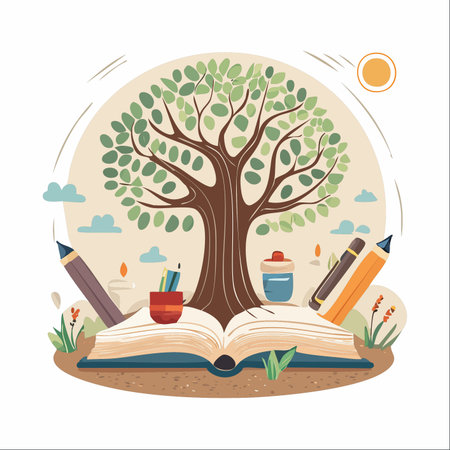 An illustration symbolizing the power of education and imagination. A vibrant tree of knowledge sprouts from the pages of an open book, surrounded by tools for creativity like pencils and ink.のイラスト素材