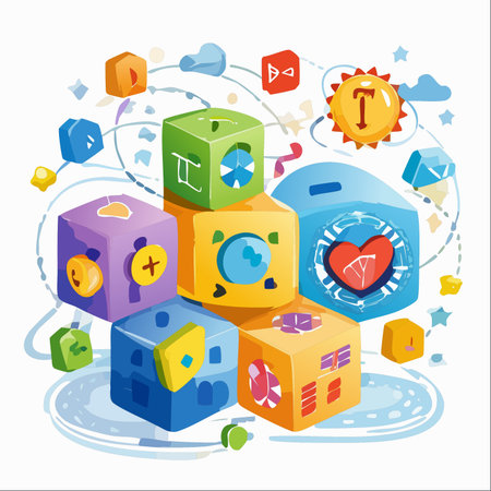 A vibrant universe of ideas comes to life as colorful blocks, each representing a unique concept or piece of data, float and connect.のイラスト素材