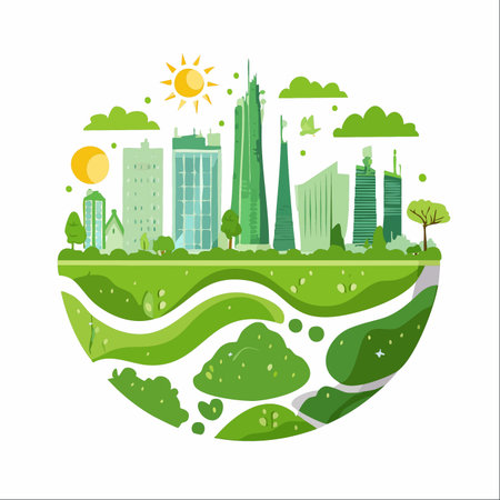 A vibrant illustration of a future green city, where modern skyscrapers and lush nature coexist in harmony.のイラスト素材