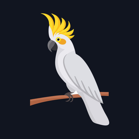 A beautifully illustrated cockatoo parrot sits peacefully on a branch.のイラスト素材