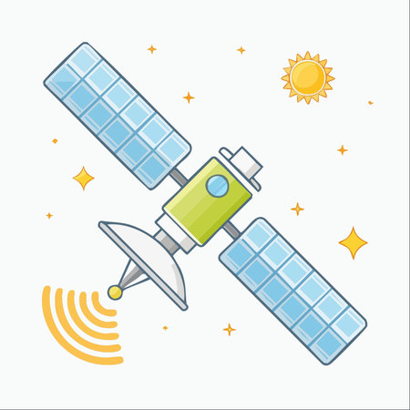 A vibrant cartoon illustration of a communication satellite orbiting in outer space.のイラスト素材