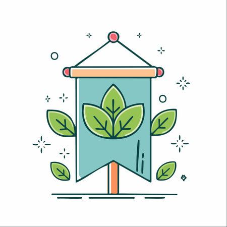 A celebratory banner proudly displays a symbol of green leaves, representing a commitment to ecology and sustainability.のイラスト素材