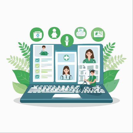 An illustration of a modern laptop displaying a telemedicine application, connecting a patient with doctors for a virtual consultation.のイラスト素材