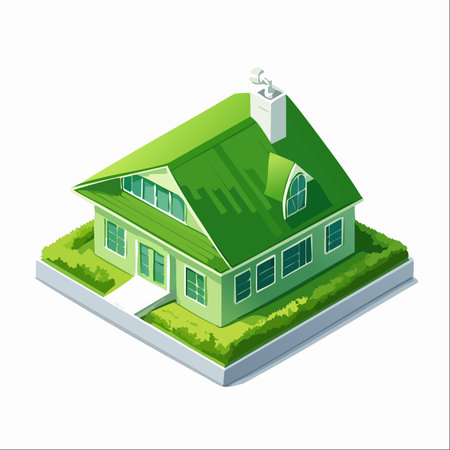 A modern, sustainable home depicted in a clean isometric style.のイラスト素材