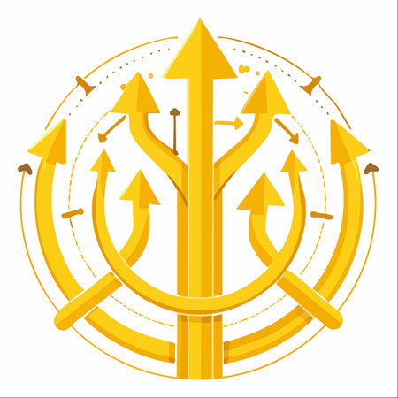 An abstract vector illustration showcasing multiple golden arrows branching out and pointing upwards.のイラスト素材