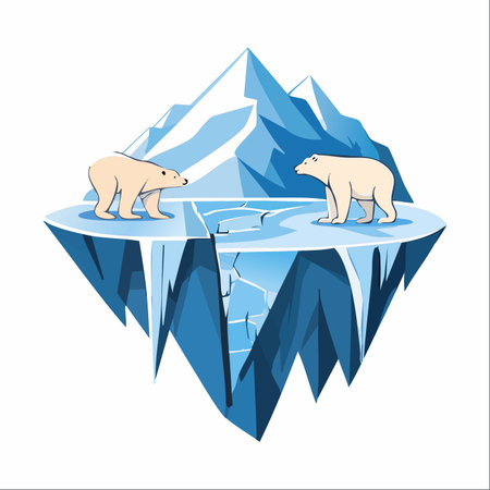 A poignant illustration depicting two polar bears stranded on a shrinking, cracked iceberg.のイラスト素材
