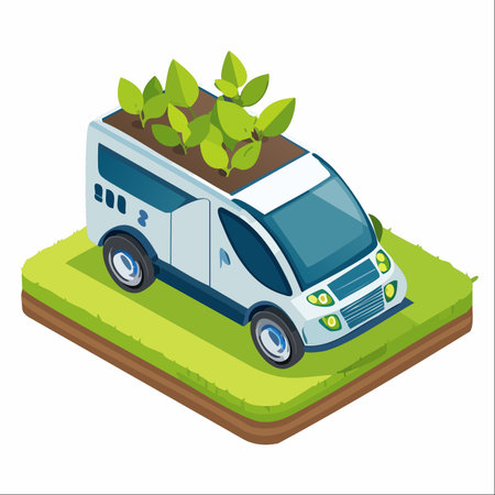 An isometric illustration showcasing the future of sustainable urban mobility. This futuristic electric van features a living green roof, symbolizing a harmonious blend of technology and nature.のイラスト素材