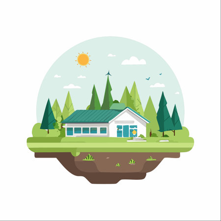 A tranquil home nestled among evergreen trees on a magical floating island.のイラスト素材