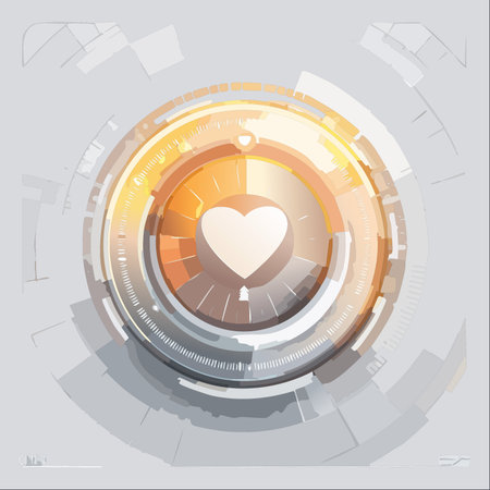 A glowing heart symbol pulsates at the center of a complex, futuristic interface, representing the intersection of human emotion and advanced technology.のイラスト素材