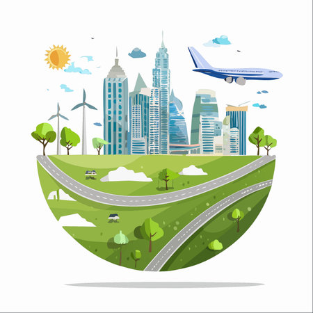 An illustration of a futuristic metropolis thriving in harmony with nature.のイラスト素材