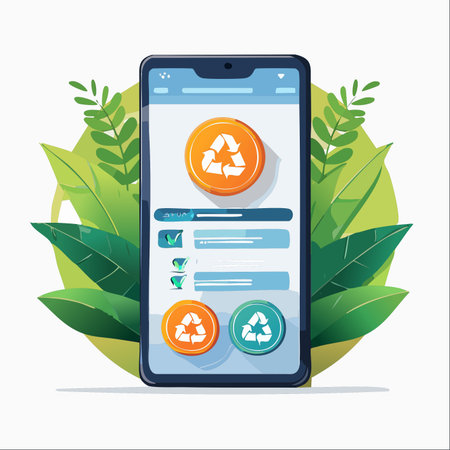 A modern smartphone displays a user-friendly recycling application, set against a backdrop of lush green leaves.のイラスト素材