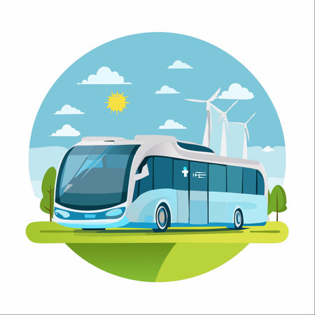 A futuristic electric bus, serving as a mobile medical unit, travels through a pristine green landscape powered by clean energy from nearby wind turbines.のイラスト素材