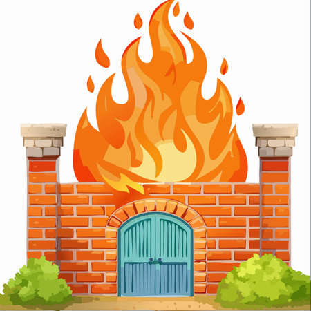 An intense, stylized fire rages behind a sturdy brick wall, its flames licking the sky.のイラスト素材