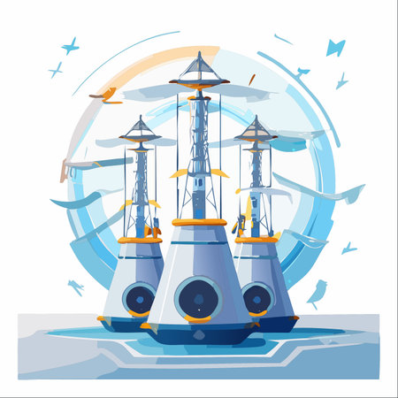 A minimalist vector illustration showcases a trio of futuristic towers, representing a hub of sustainable energy and advanced communication.のイラスト素材