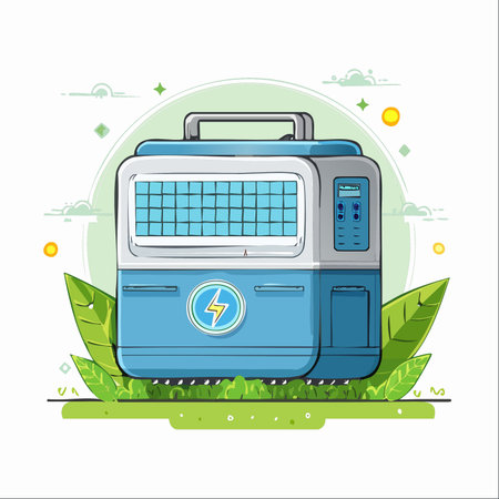 A modern portable solar generator sits in a lush green environment, symbolizing the harmony between technology and nature.のイラスト素材