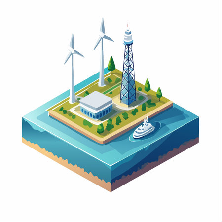 An isometric view of a futuristic, self-sufficient island where sustainable technology thrives.のイラスト素材