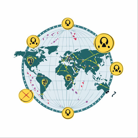 A visual representation of a worldwide digital network, with user icons connected across continents.のイラスト素材