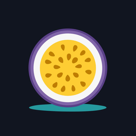 A vibrant illustration of a freshly sliced passion fruit, revealing its juicy yellow pulp and seeds.のイラスト素材