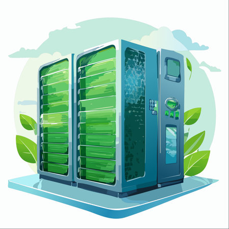 An innovative illustration of a green data center, where powerful server racks are powered by sustainable, nature-inspired energy.のイラスト素材