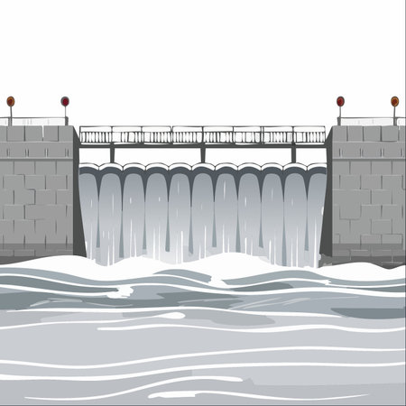 A clean vector illustration depicting a powerful concrete dam with water cascading over its spillway.のイラスト素材