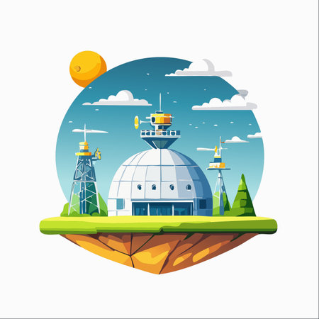 A self-sustaining research outpost floats peacefully in the sky, a beacon of scientific progress and ecological harmony.のイラスト素材