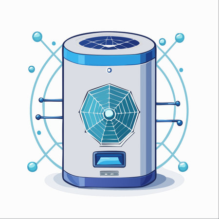 A sleek, futuristic data server stands as a central hub in a complex digital network. This device symbolizes the core of modern information processing, cloud computing, and global connectivity.のイラスト素材