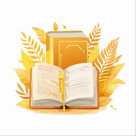 A cozy and inviting illustration depicting an open planner and books surrounded by warm, golden autumn leaves.のイラスト素材