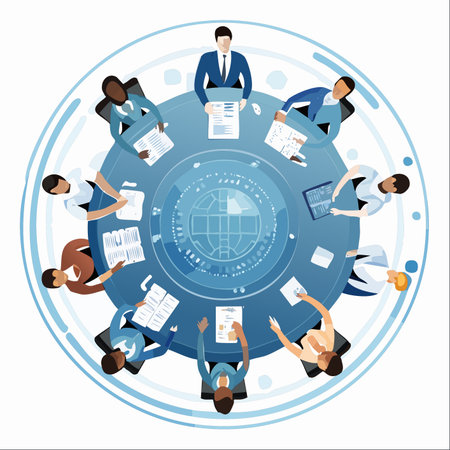 From a top-down perspective, a diverse international team of executives gathers around a glowing, futuristic conference table.のイラスト素材