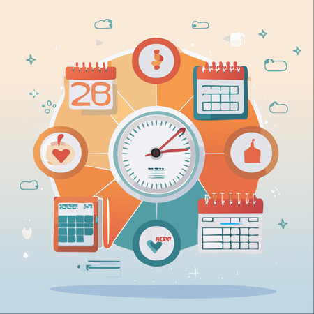 A conceptual illustration depicting a central clock surrounded by calendars and icons for various life priorities.のイラスト素材