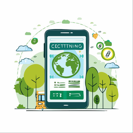 A smartphone displays a revolutionary app for sustainable travel, allowing users to plan eco-friendly journeys around the globe.のイラスト素材