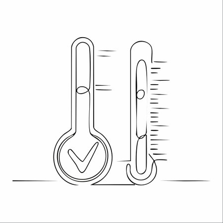 A continuous line drawing of two thermometers. One features a checkmark, symbolizing a healthy temperature or a successful result, while the other shows a measurement scale.のイラスト素材