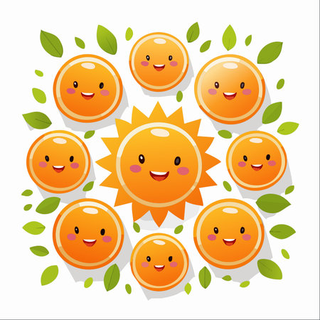 A cheerful illustration of a kawaii-style sun character surrounded by friendly, smiling orange slices and fresh green leaves.のイラスト素材