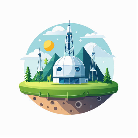 Perched on a floating island amidst serene mountains, a futuristic observatory stands ready for cosmic discovery.のイラスト素材