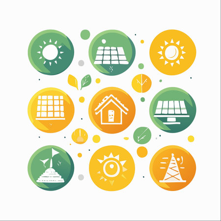A vibrant collection of modern, flat design icons representing the key elements of a sustainable future.のイラスト素材